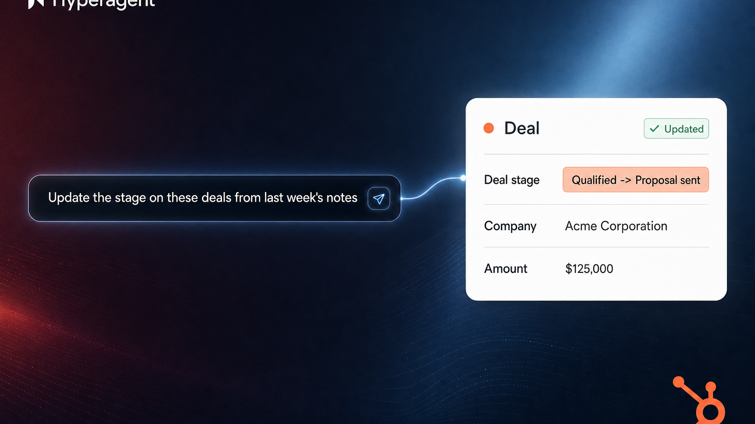 Hyperagent updating HubSpot contacts and deals from a plain-English request
